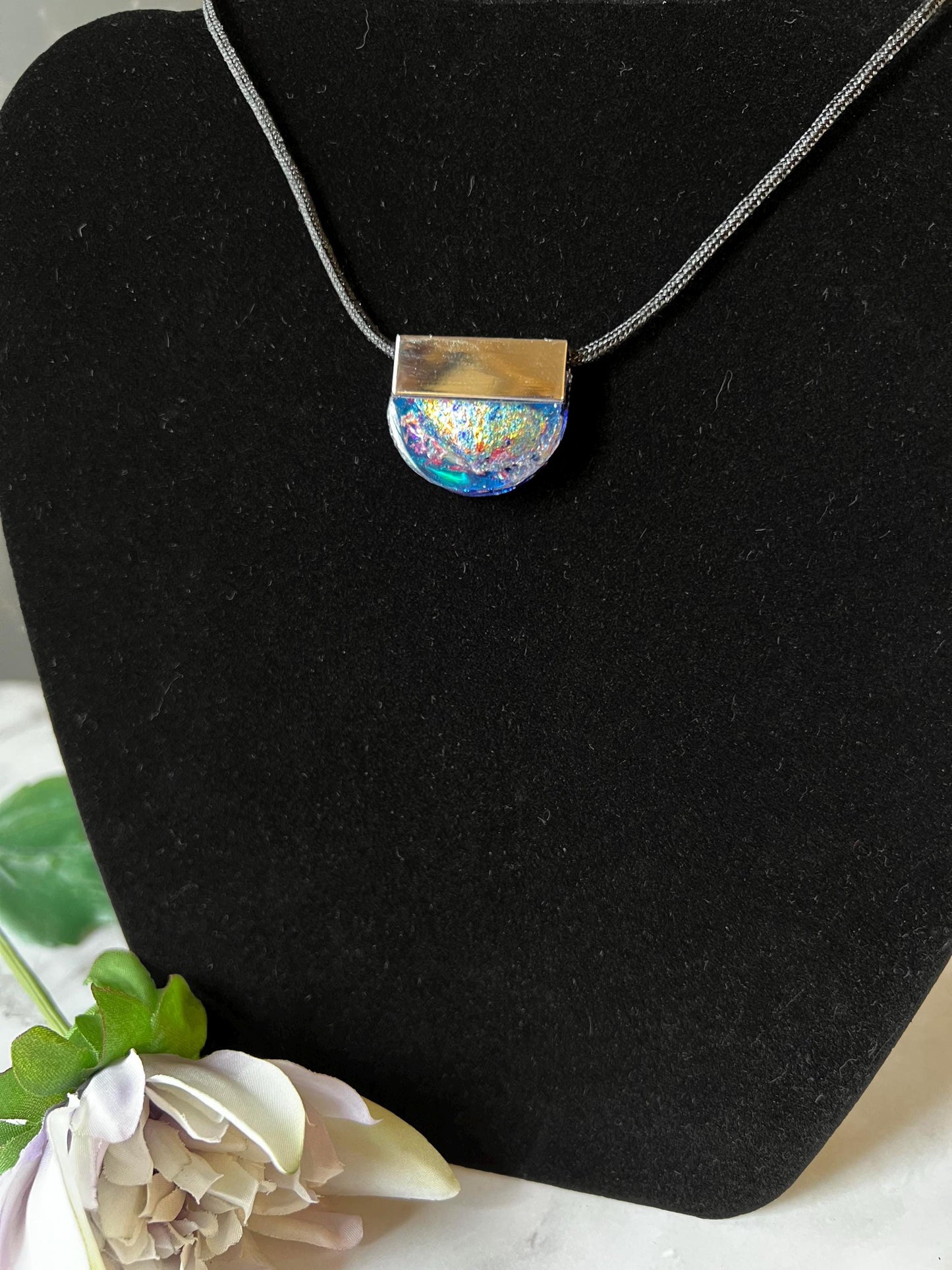 Iridescent Resin Pendant Necklace – Chrome-Plated Half-Moon Necklace – Dichroic Inlay Handmade Modern Jewelry Gift