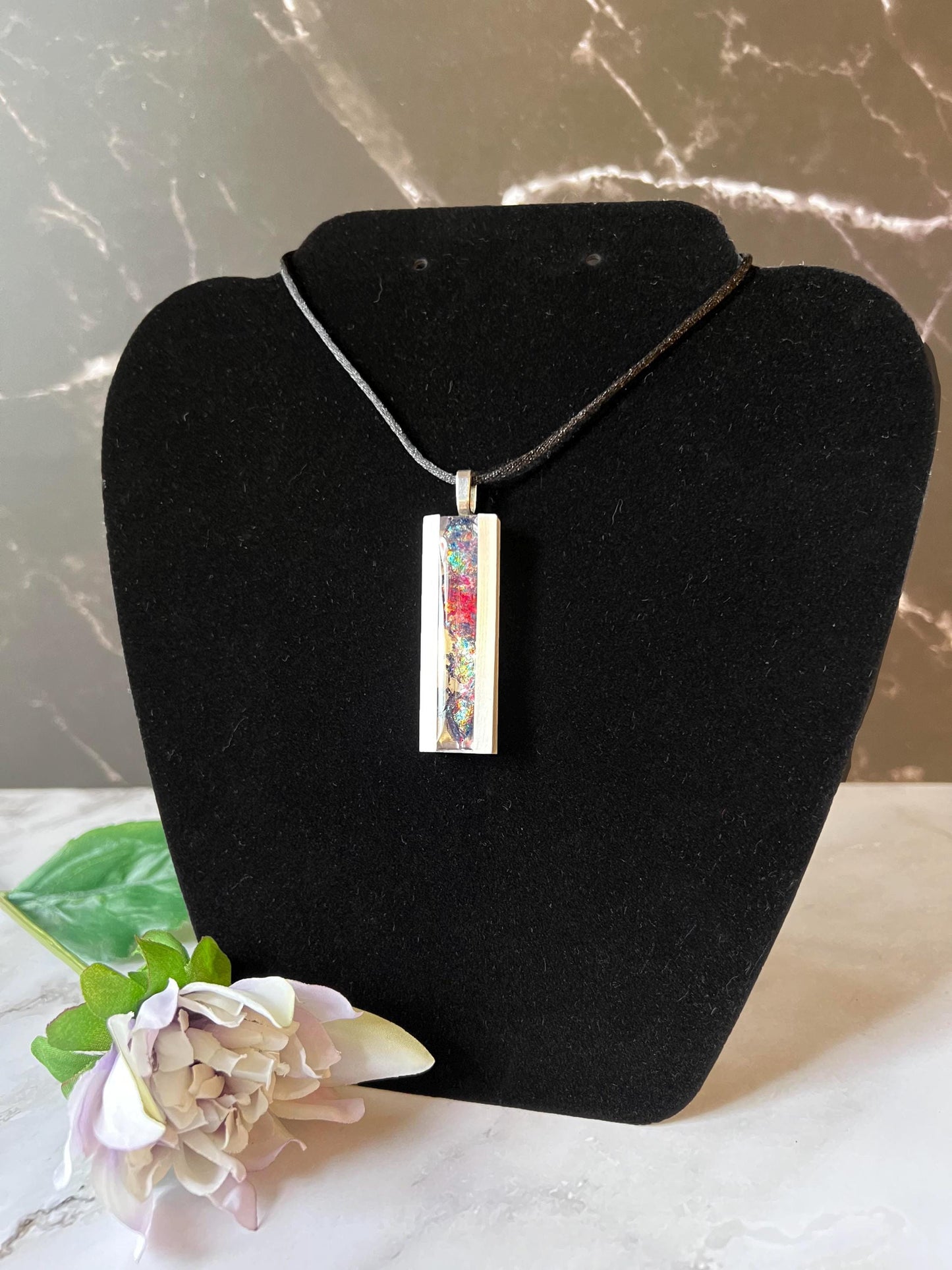 Iridescent Resin Pendant Necklace – Dichroic Film Inlay Bar Necklace – Handmade Jewelry Gift