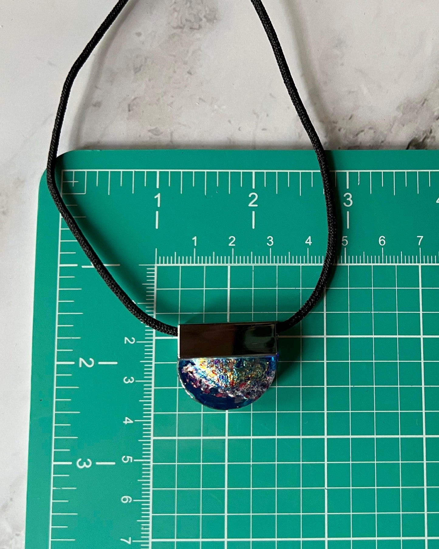 Iridescent Resin Pendant Necklace – Chrome-Plated Half-Moon Necklace – Dichroic Inlay Handmade Modern Jewelry Gift