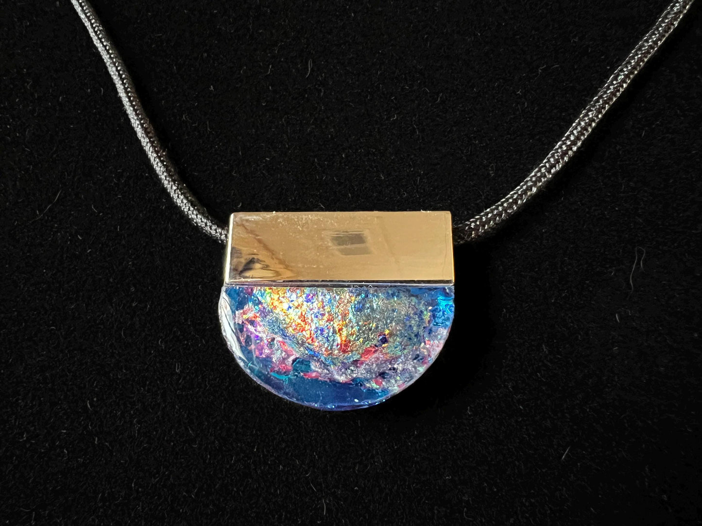 Iridescent Resin Pendant Necklace – Chrome-Plated Half-Moon Necklace – Dichroic Inlay Handmade Modern Jewelry Gift