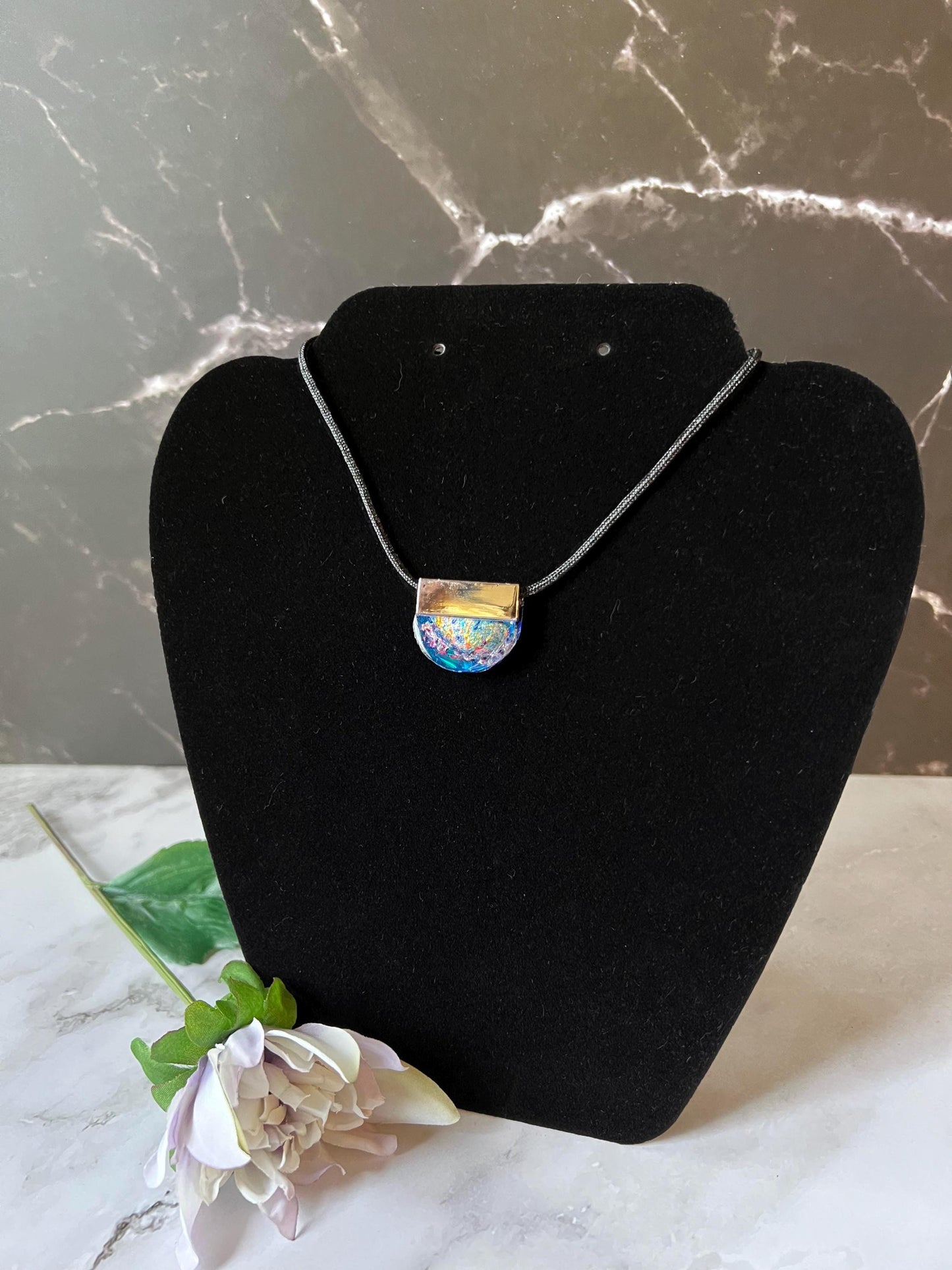Iridescent Resin Pendant Necklace – Chrome-Plated Half-Moon Necklace – Dichroic Inlay Handmade Modern Jewelry Gift