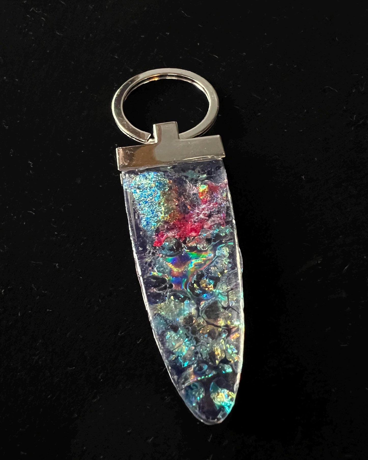 Iridescent Resin Keychain – Dichroic Inlay Key Ring – Handmade Color-Shifting Resin Accessory